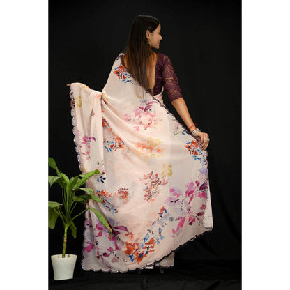Isadora Life Womens Floral Mirror Work Peach Pre-Draped Saree With Unstitched Blouse