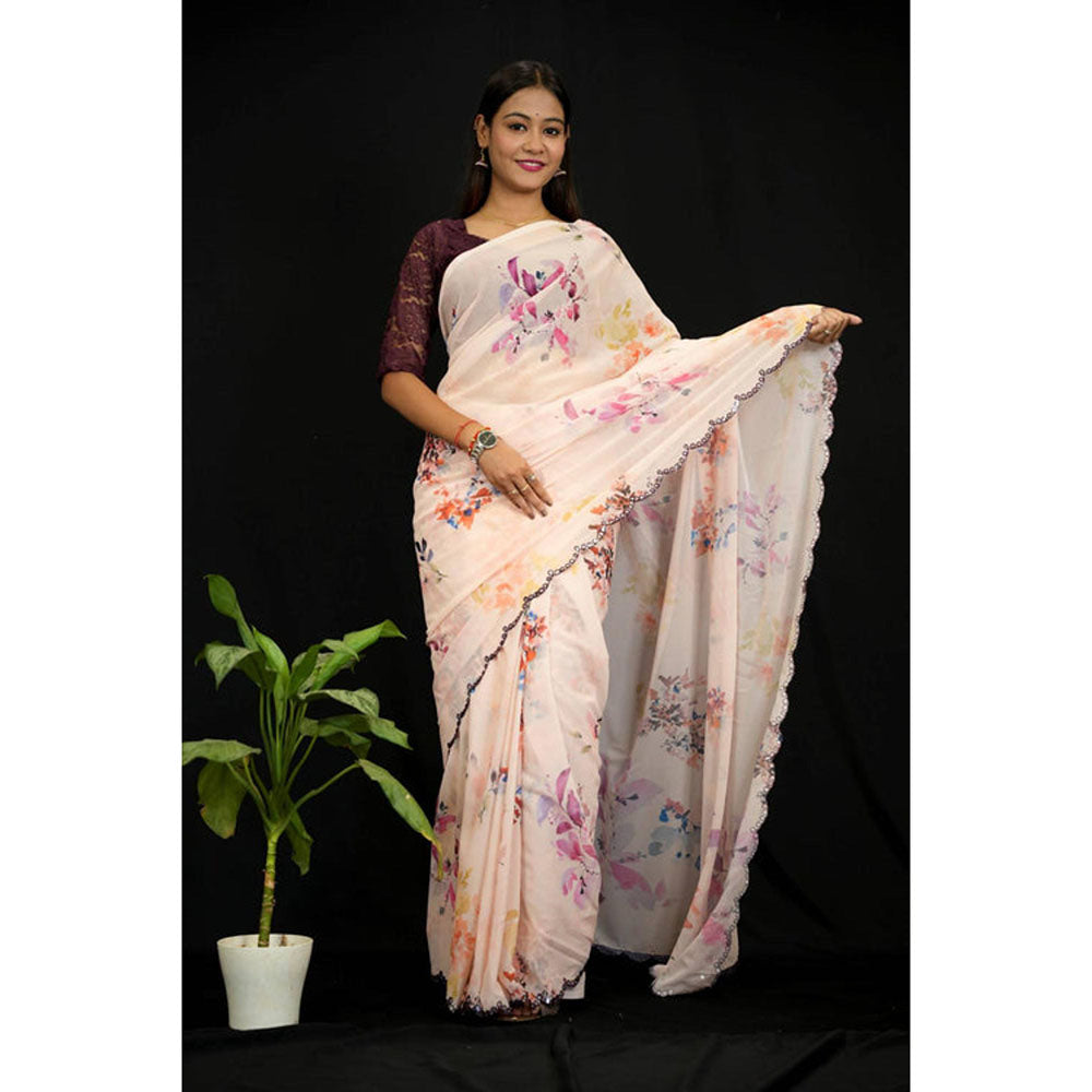 Isadora Life Womens Floral Mirror Work Peach Pre-Draped Saree With Unstitched Blouse