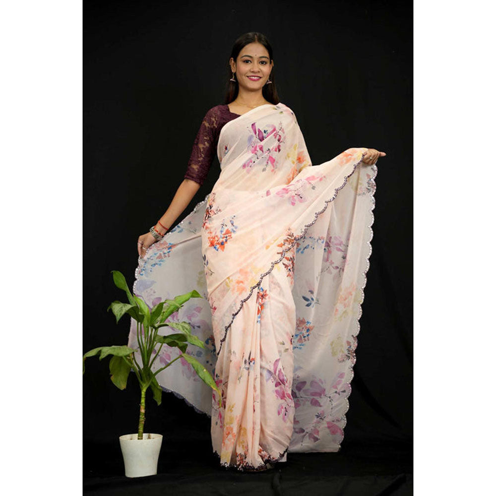 Isadora Life Womens Floral Mirror Work Peach Pre-Draped Saree With Unstitched Blouse