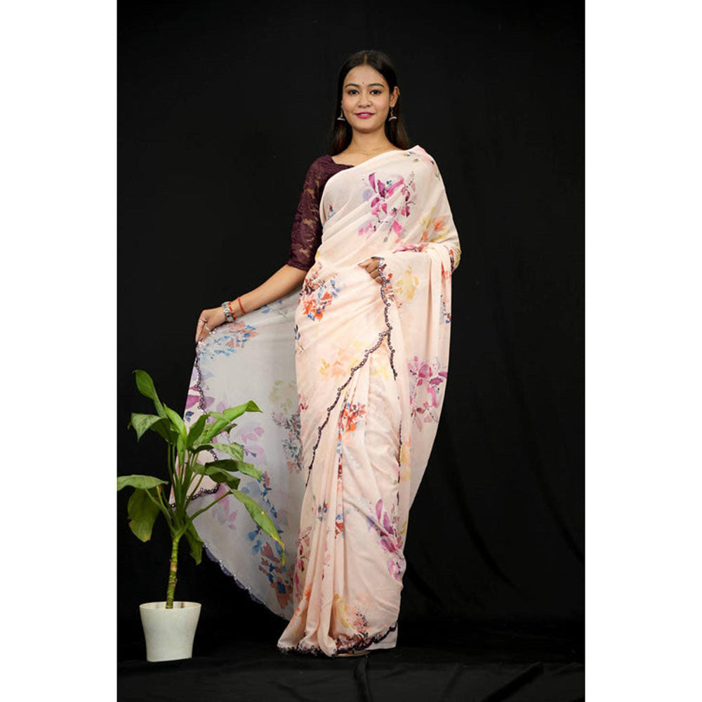 Isadora Life Womens Floral Mirror Work Peach Pre-Draped Saree With Unstitched Blouse