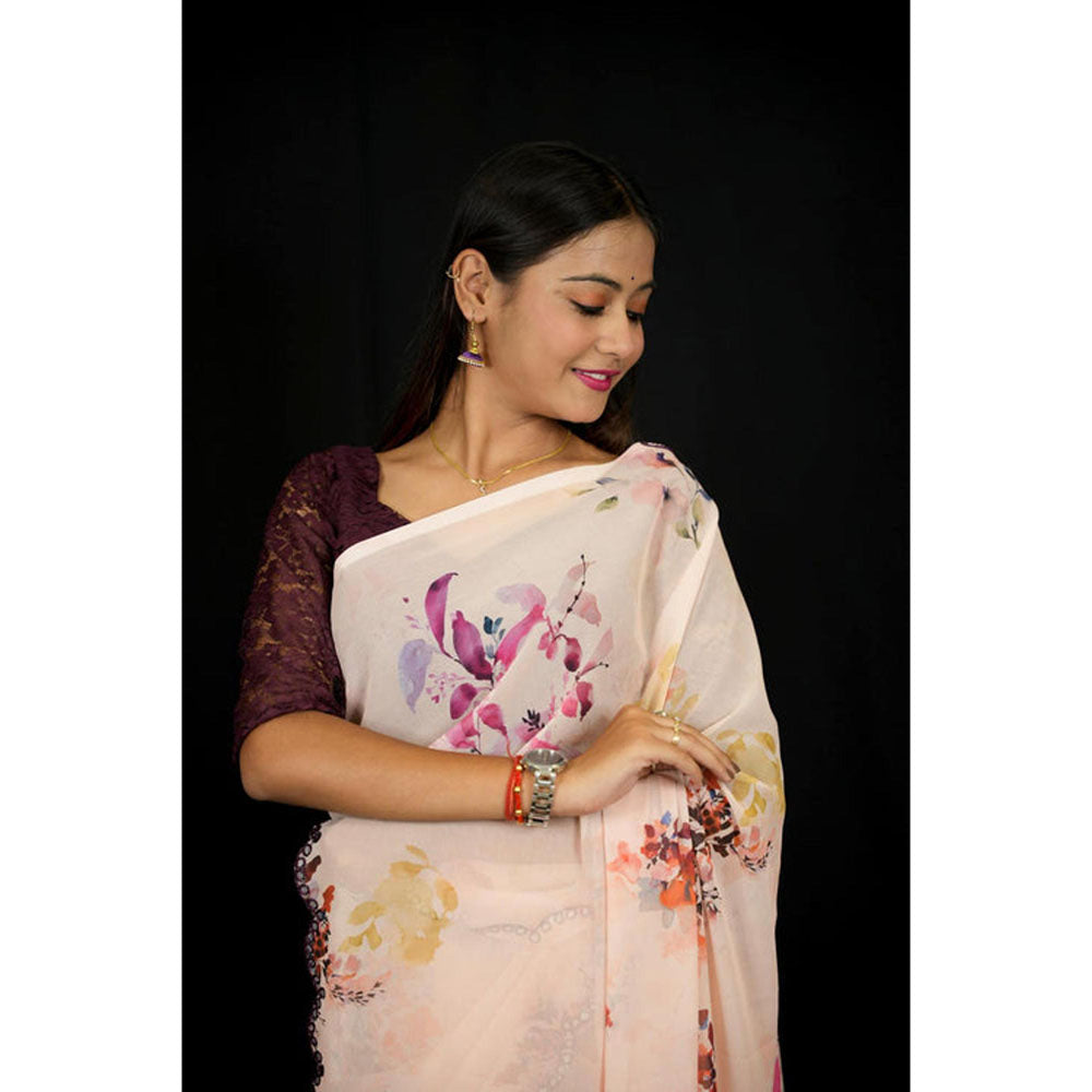 Isadora Life Womens Floral Mirror Work Peach Pre-Draped Saree With Unstitched Blouse