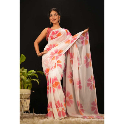 Isadora Life Womens Floral Printed White Pre-Draped Saree With Unstitched Blouse