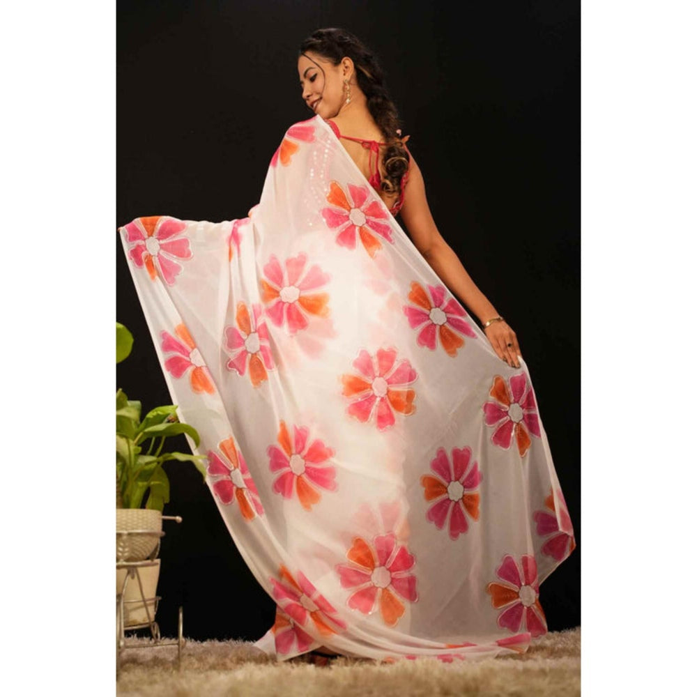 Isadora Life Womens Floral Printed White Pre-Draped Saree With Unstitched Blouse