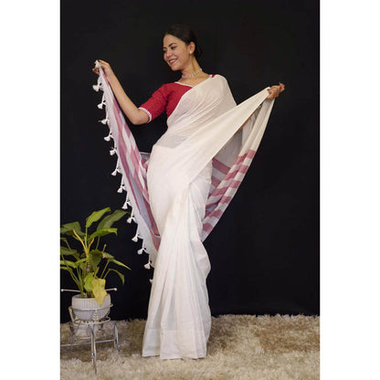 Isadora Life Womens Stripes Tassels White Pre-Draped Saree With Unstitched Blouse