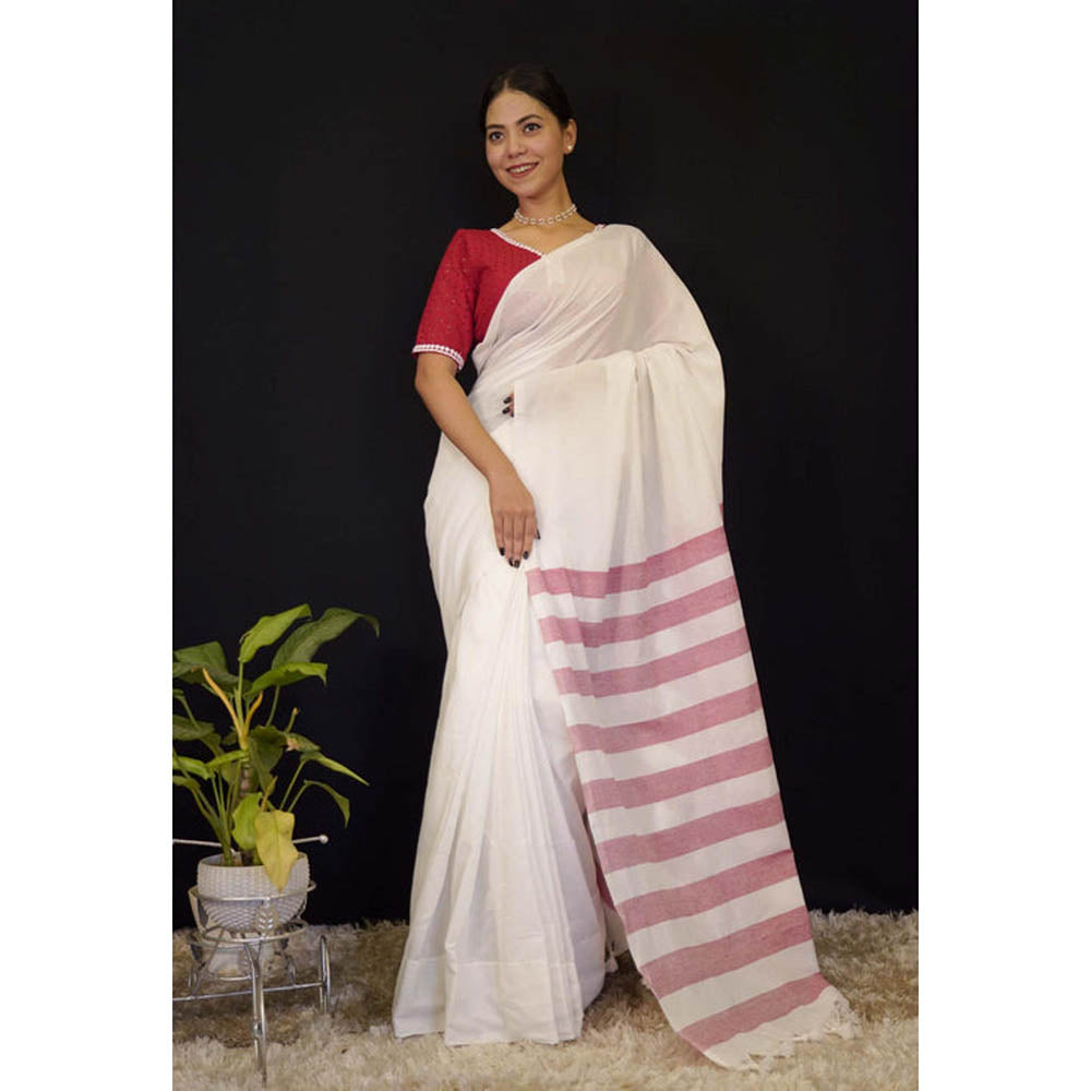 Isadora Life Womens Stripes Tassels White Pre-Draped Saree With Unstitched Blouse