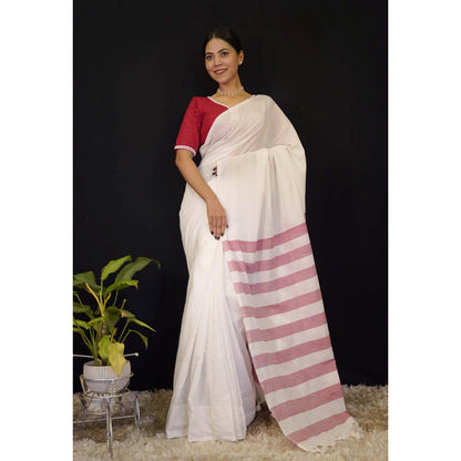 Isadora Life Womens Stripes Tassels White Pre-Draped Saree With Unstitched Blouse