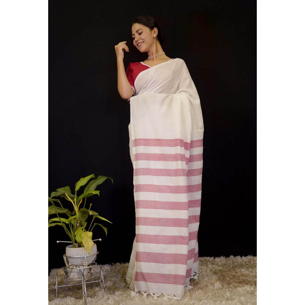 Isadora Life Womens Stripes Tassels White Pre-Draped Saree With Unstitched Blouse