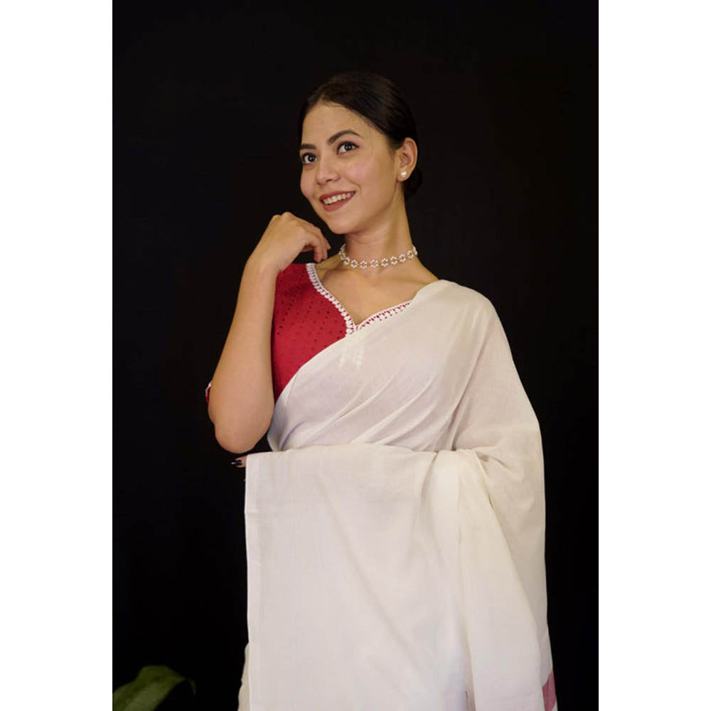 Isadora Life Womens Stripes Tassels White Pre-Draped Saree With Unstitched Blouse