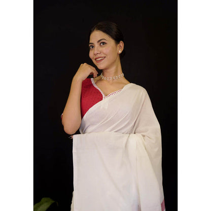 Isadora Life Womens Stripes Tassels White Pre-Draped Saree With Unstitched Blouse