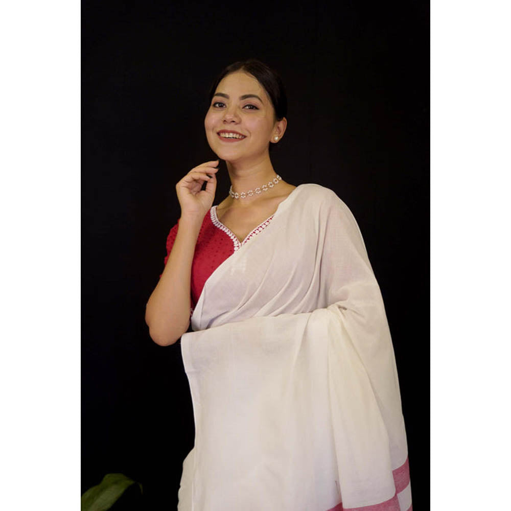 Isadora Life Womens Stripes Tassels White Pre-Draped Saree With Unstitched Blouse