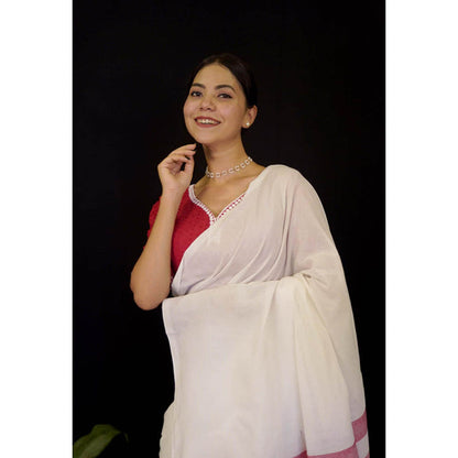 Isadora Life Womens Stripes Tassels White Pre-Draped Saree With Unstitched Blouse