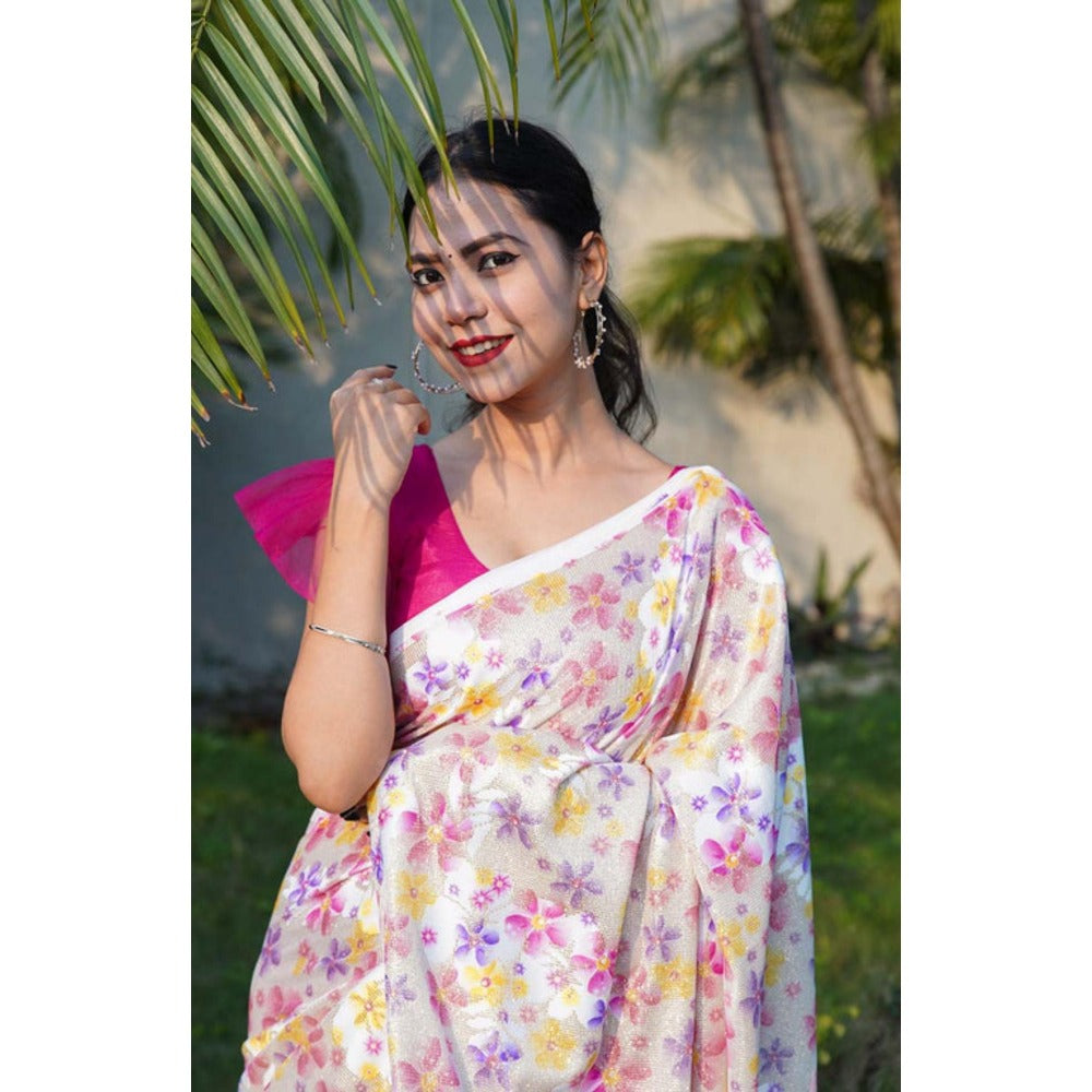 Isadora Life Womens Floral Printed White Pre-Draped Saree With Unstitched Blouse