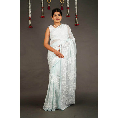 Isadora Life Womens Embroidered Chikankari Blue Pre-Draped Saree With Unstitched Blouse