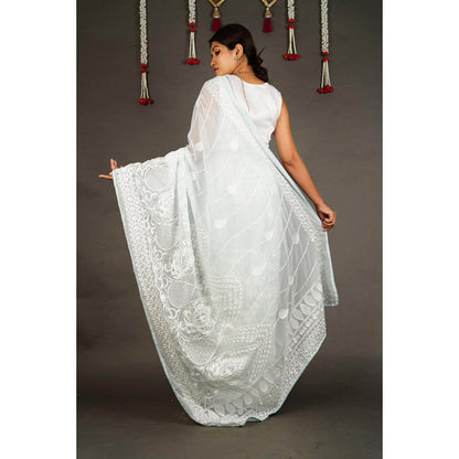 Isadora Life Womens Embroidered Chikankari Blue Pre-Draped Saree With Unstitched Blouse