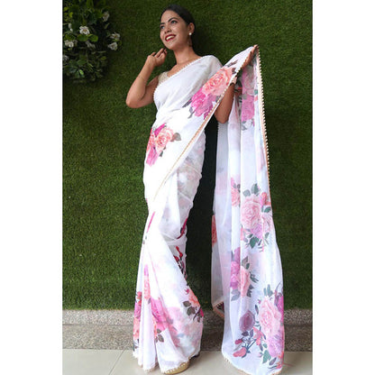 Isadora Life Womens Floral Printed White Pre-Draped Saree With Unstitched Blouse