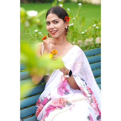Isadora Life Womens Floral Printed White Pre-Draped Saree With Unstitched Blouse