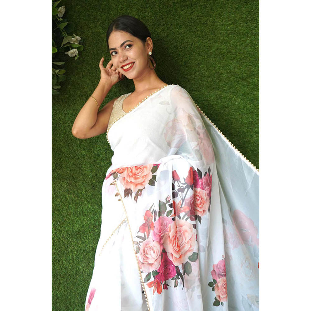 Isadora Life Womens Floral Printed White Pre-Draped Saree With Unstitched Blouse