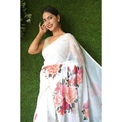 Isadora Life Womens Floral Printed White Pre-Draped Saree With Unstitched Blouse