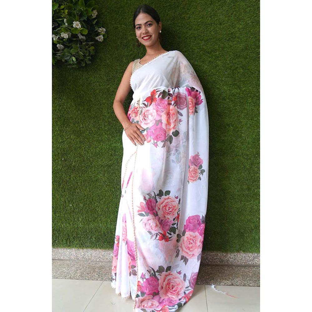Isadora Life Womens Floral Printed White Pre-Draped Saree With Unstitched Blouse