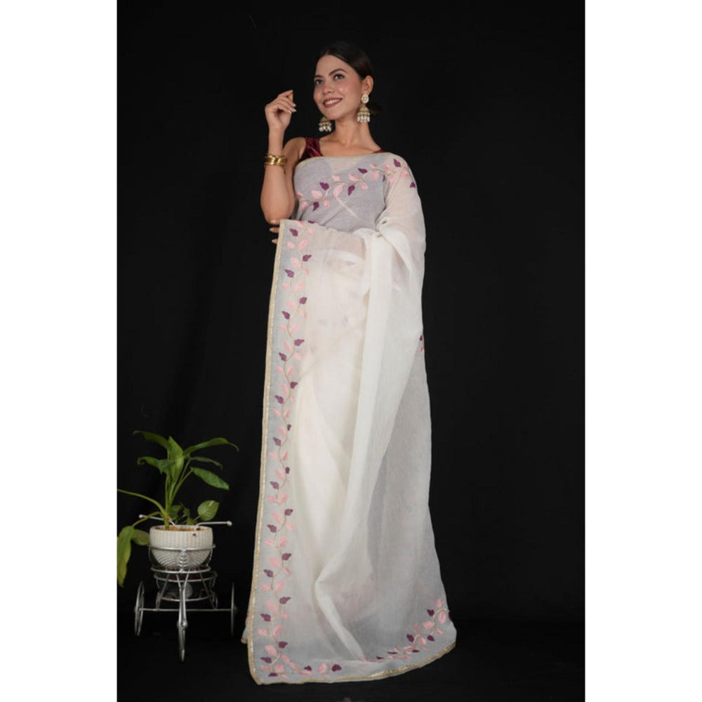Isadora Life Womens Embroidered Thread Work White Pre-Draped Saree With Unstitched Blouse