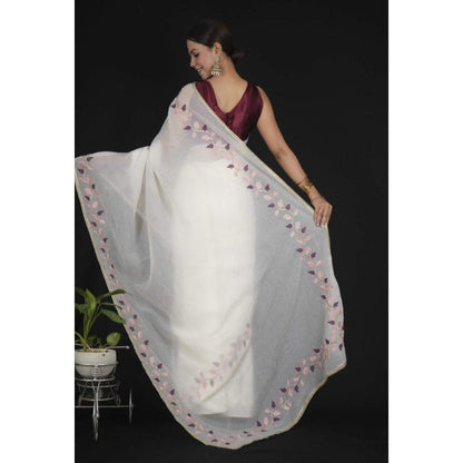 Isadora Life Womens Embroidered Thread Work White Pre-Draped Saree With Unstitched Blouse
