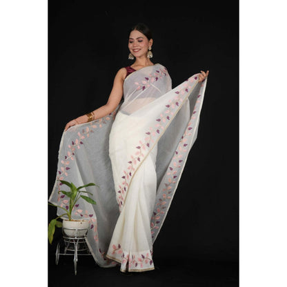 Isadora Life Womens Embroidered Thread Work White Pre-Draped Saree With Unstitched Blouse