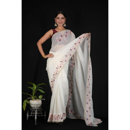 Isadora Life Womens Embroidered Thread Work White Pre-Draped Saree With Unstitched Blouse
