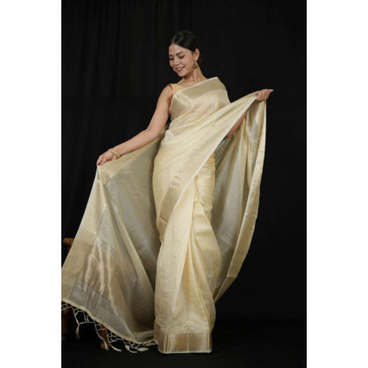 Isadora Life Womens Stripes Zari Ivory Pre-Draped Saree With Unstitched Blouse