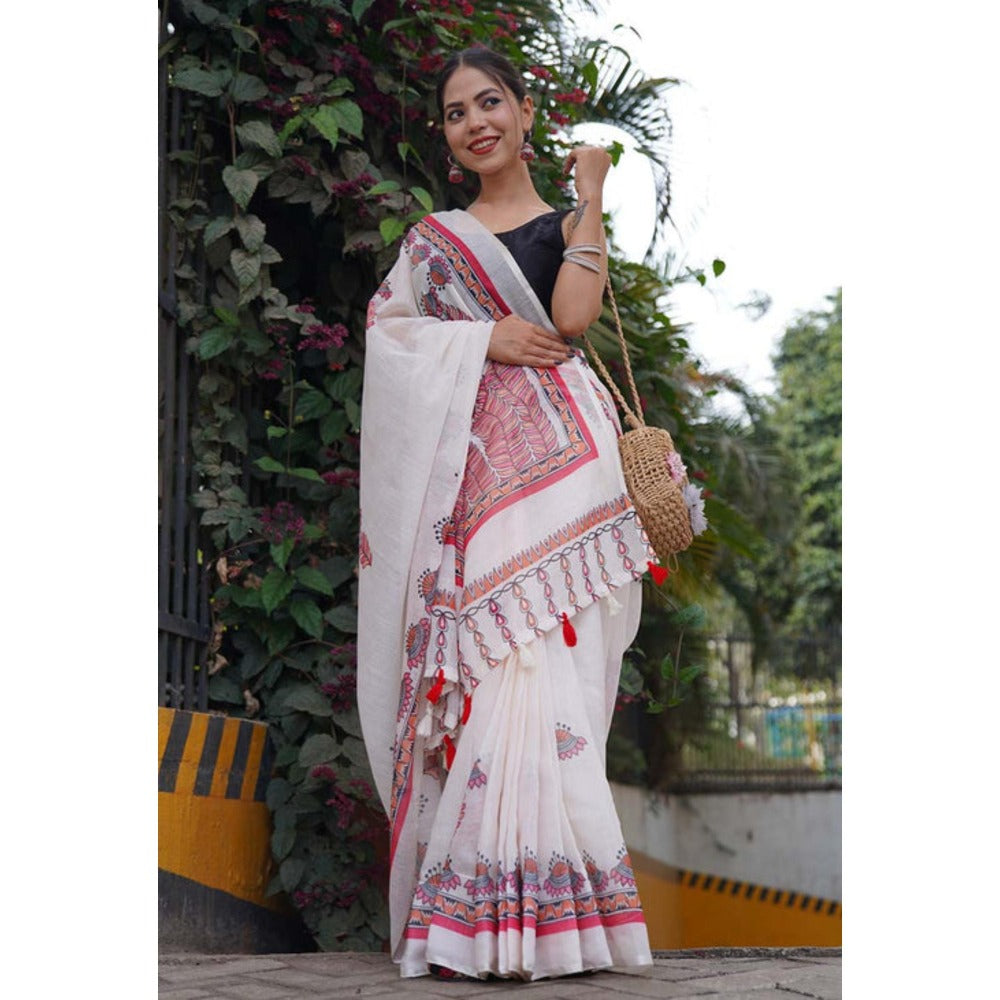 Isadora Life Womens Printed Tassels White Pre-Draped Saree With Unstitched Blouse