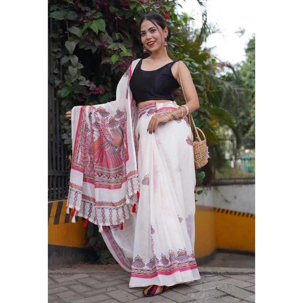 Isadora Life Womens Printed Tassels White Pre-Draped Saree With Unstitched Blouse