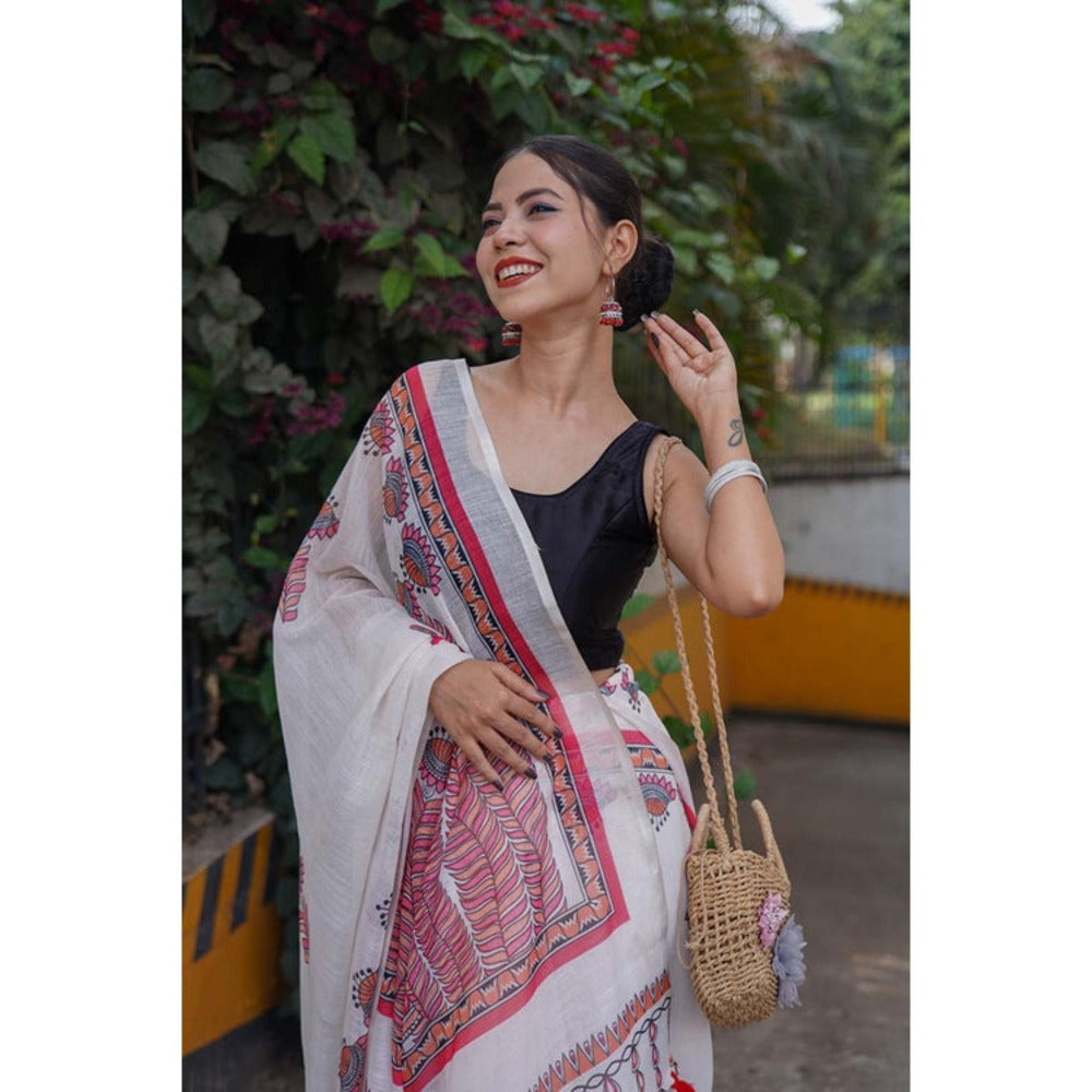 Isadora Life Womens Printed Tassels White Pre-Draped Saree With Unstitched Blouse