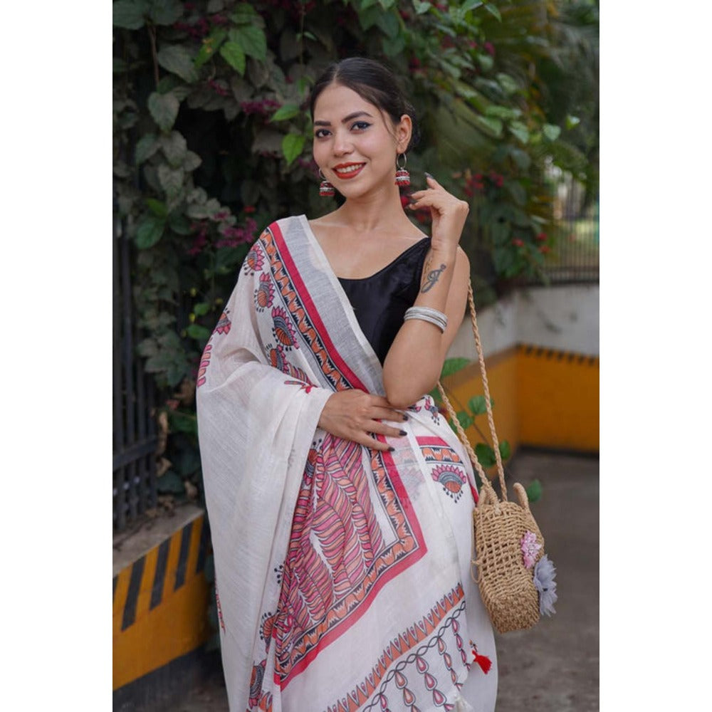Isadora Life Womens Printed Tassels White Pre-Draped Saree With Unstitched Blouse