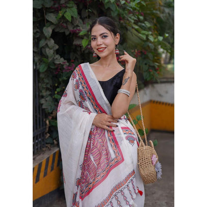 Isadora Life Womens Printed Tassels White Pre-Draped Saree With Unstitched Blouse