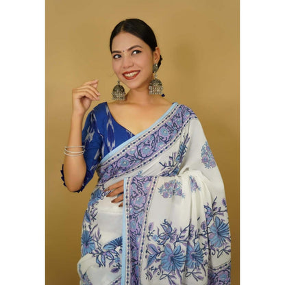 Isadora Life Womens Floral Printed White Pre-Draped Saree With Unstitched Blouse