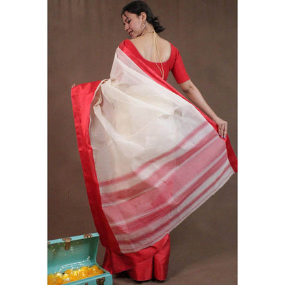 Isadora Life Womens Woven White Pre-Draped Saree With Unstitched Blouse