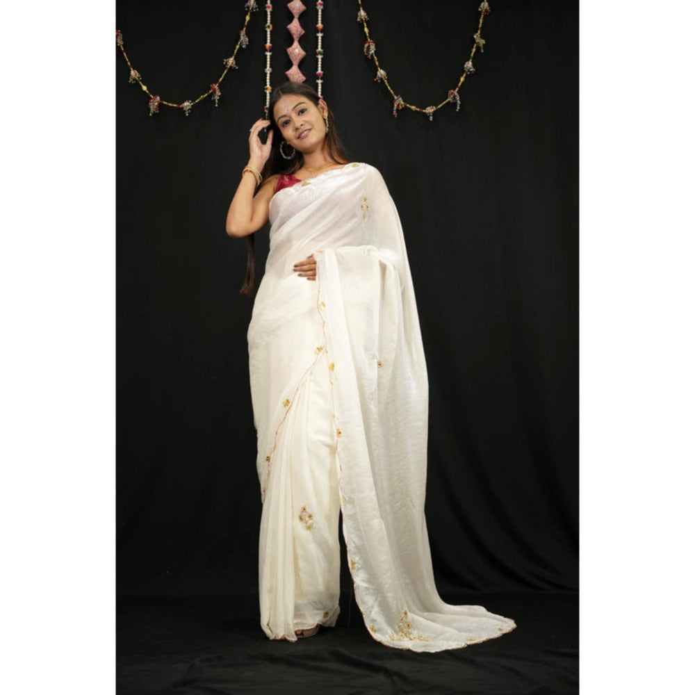 Isadora Life Womens Embroidered Sequined Off White Pre-Draped Saree With Unstitched Blouse