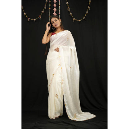 Isadora Life Womens Embroidered Sequined Off White Pre-Draped Saree With Unstitched Blouse
