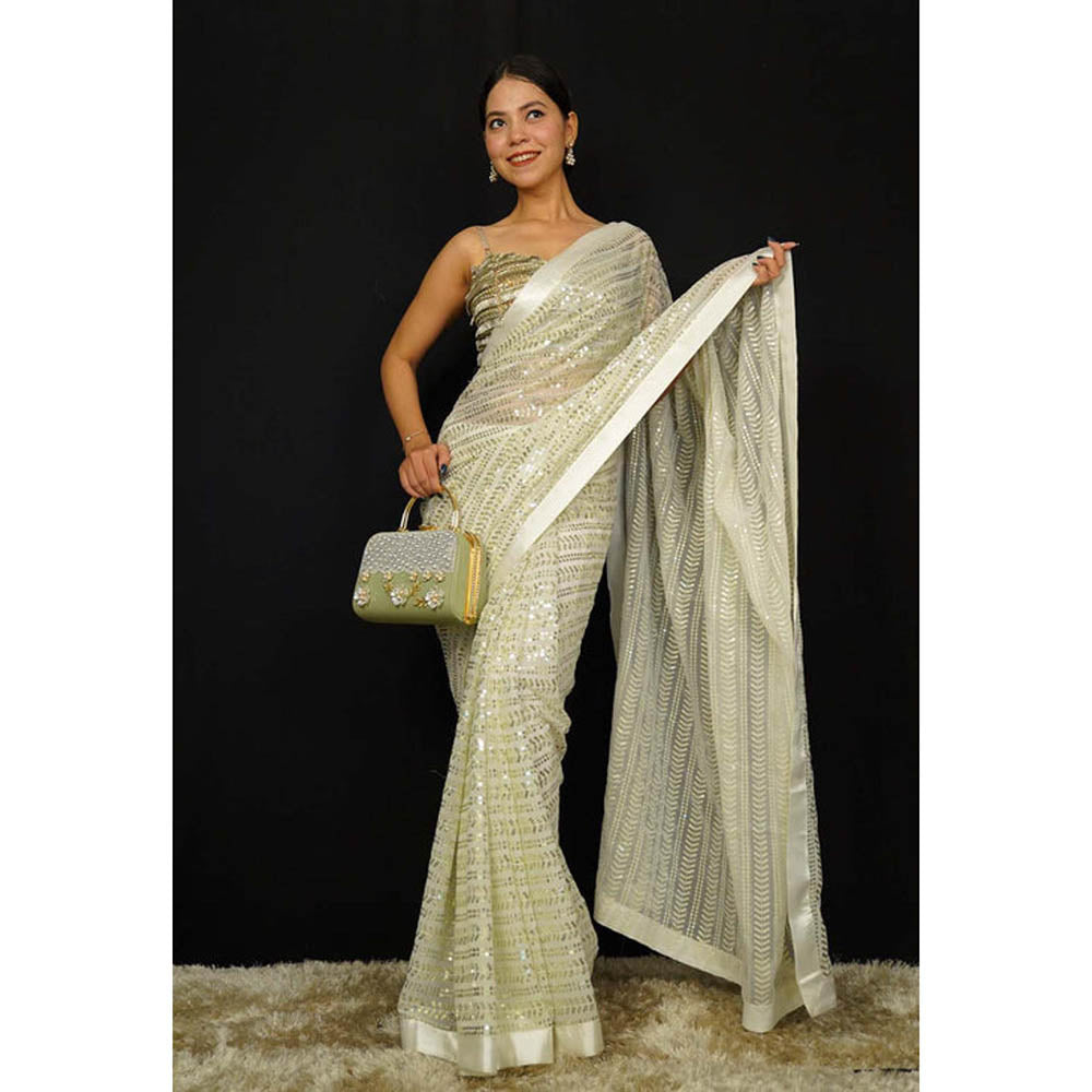 Isadora Life Womens Embroidered Sequined Cream Pre-Draped Saree With Unstitched Blouse
