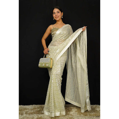 Isadora Life Womens Embroidered Sequined Cream Pre-Draped Saree With Unstitched Blouse