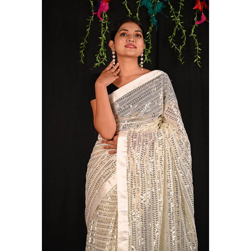 Isadora Life Womens Embroidered Sequined Cream Pre-Draped Saree With Unstitched Blouse