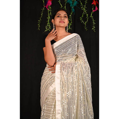 Isadora Life Womens Embroidered Sequined Cream Pre-Draped Saree With Unstitched Blouse