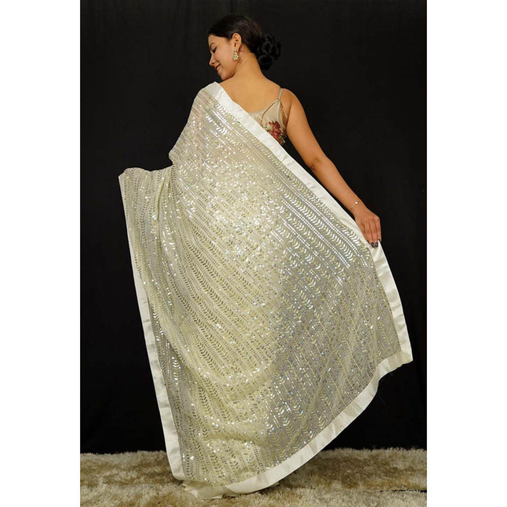 Isadora Life Womens Embroidered Sequined Cream Pre-Draped Saree With Unstitched Blouse