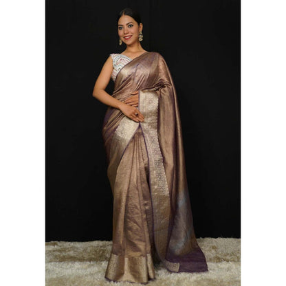 Isadora Life Womens Woven Zari Brown Pre-Draped Saree With Unstitched Blouse