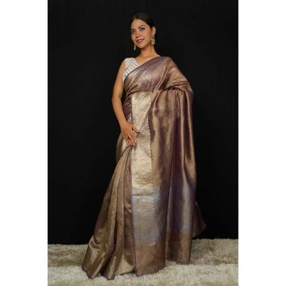 Isadora Life Womens Woven Zari Brown Pre-Draped Saree With Unstitched Blouse