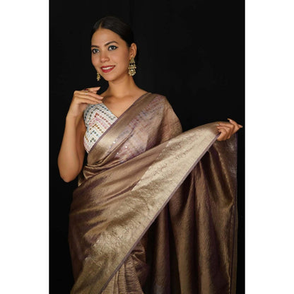 Isadora Life Womens Woven Zari Brown Pre-Draped Saree With Unstitched Blouse