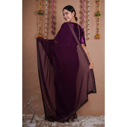 Isadora Life Womens Beads Sequined Purple Pre-Draped Saree With Unstitched Blouse