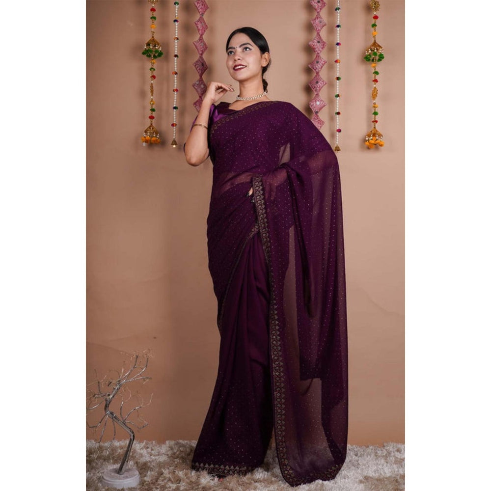 Isadora Life Womens Beads Sequined Purple Pre-Draped Saree With Unstitched Blouse