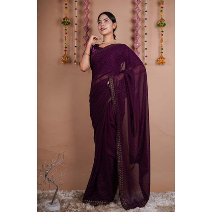 Isadora Life Womens Beads Sequined Purple Pre-Draped Saree With Unstitched Blouse