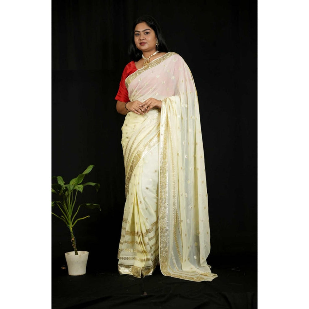 Isadora Life Womens Woven Zari Ivory Pre-Draped Saree With Unstitched Blouse