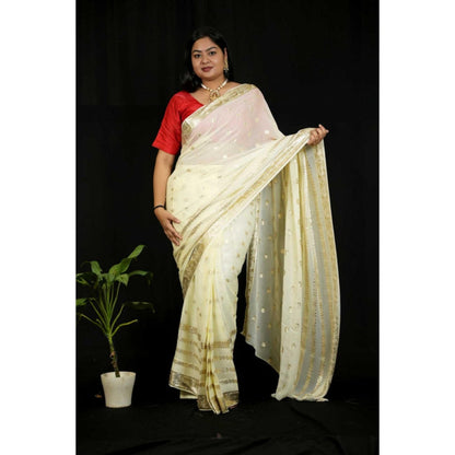 Isadora Life Womens Woven Zari Ivory Pre-Draped Saree With Unstitched Blouse